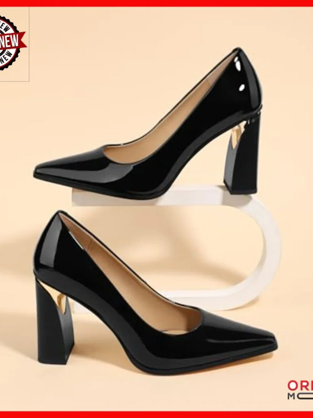 Chunky Block Heel Pumps, 3.5 Inch Heels, Patent Leather, Slip-On